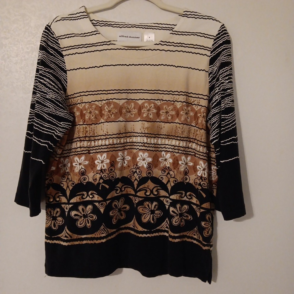 Alfred Dunner Women's Pullover Top  Sz.S‎ Black w/ Neutral Colors 3/4 Sleeved...
